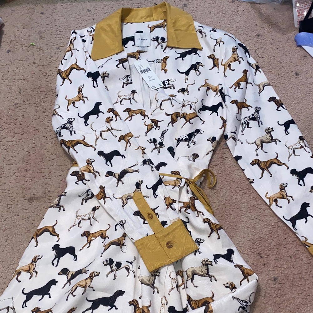Anthropologie Dog Print Long Sleeve Dress - White and Gold - Picture 4 of 7